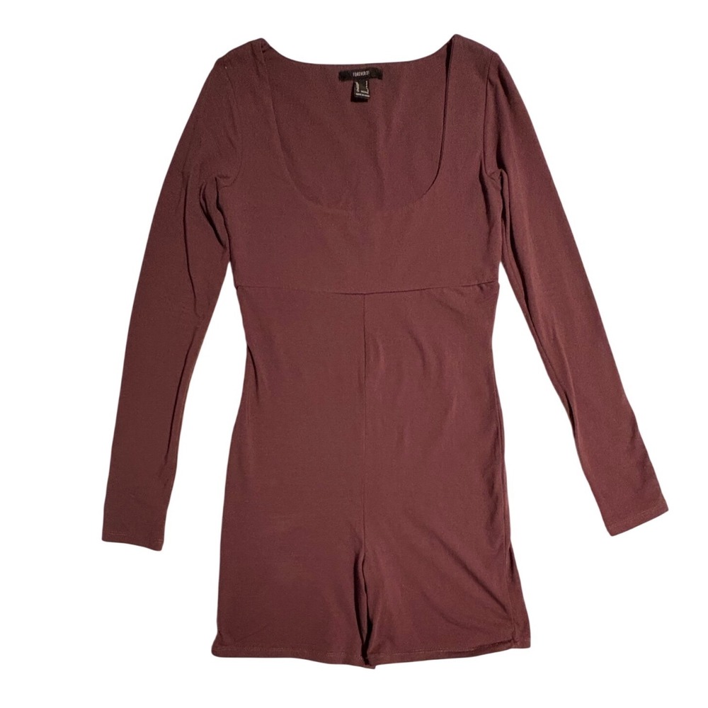 Long Sleeve Stretch‎ Scoop Neck Workout One Piece Short Burgundy Women Size S